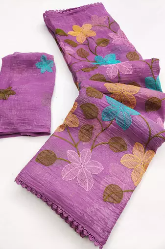 Pink Viscose crunchy silk embroidered and diamond work saree