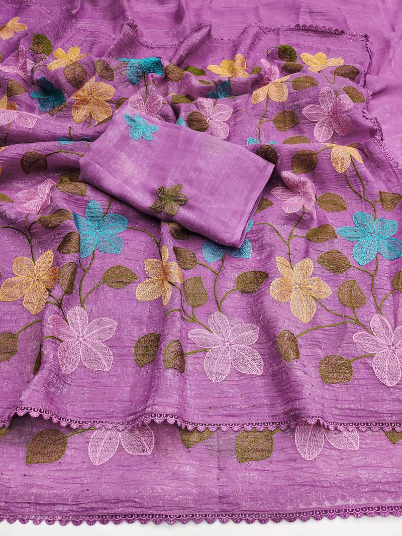 Pink Viscose crunchy silk embroidered and diamond work saree