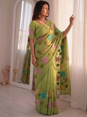 Light-green Viscose crunchy silk embroidered and diamond work saree 1