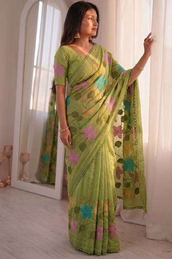 Light-green Viscose crunchy silk embroidered and diamond work saree