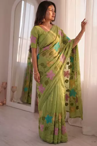 Light-green Viscose crunchy silk embroidered and diamond work saree