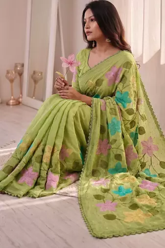 Light-green Viscose crunchy silk embroidered and diamond work saree