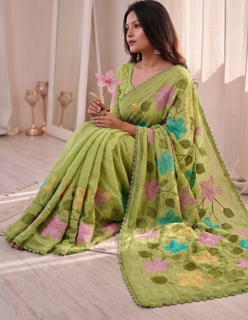 Light-green Viscose crunchy silk embroidered and diamond work saree