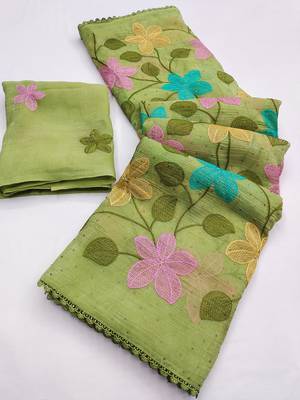 Light-green Viscose crunchy silk embroidered and diamond work saree 3