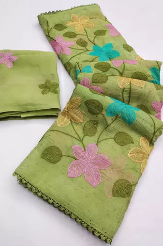 Light-green Viscose crunchy silk embroidered and diamond work saree