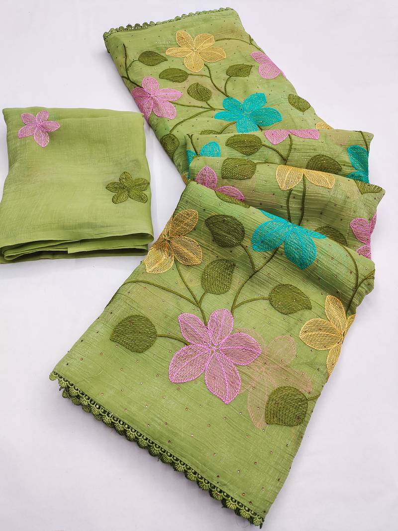 Light-green Viscose crunchy silk embroidered and diamond work saree