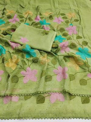 Light-green Viscose crunchy silk embroidered and diamond work saree 4