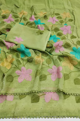 Light-green Viscose crunchy silk embroidered and diamond work saree