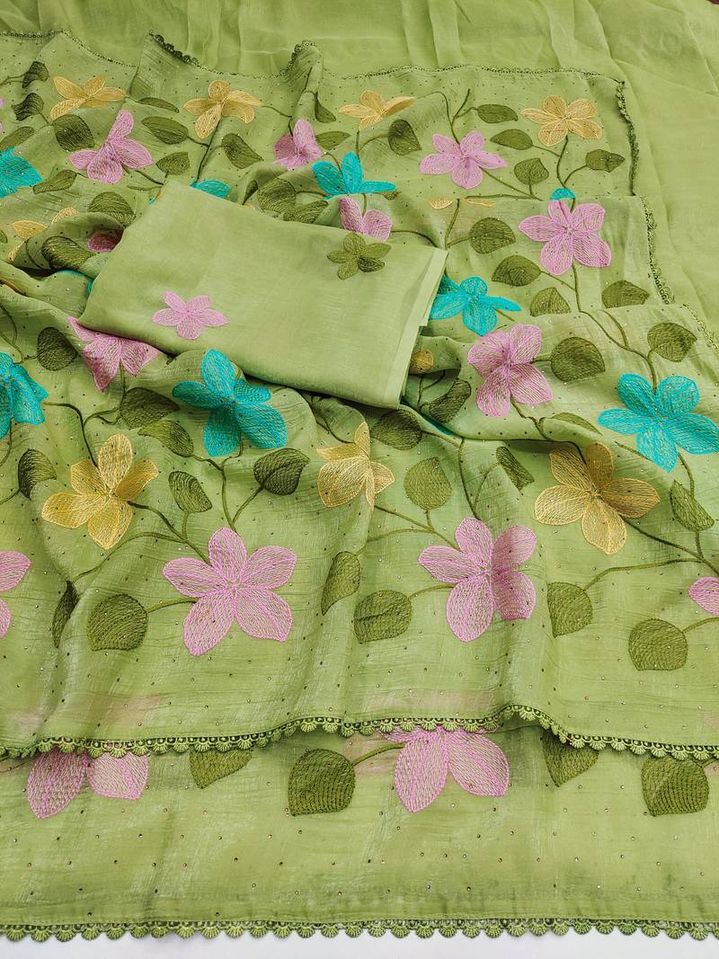 Light-green Viscose crunchy silk embroidered and diamond work saree