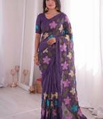 Purple Viscose crunchy silk embroidered and diamond work saree
