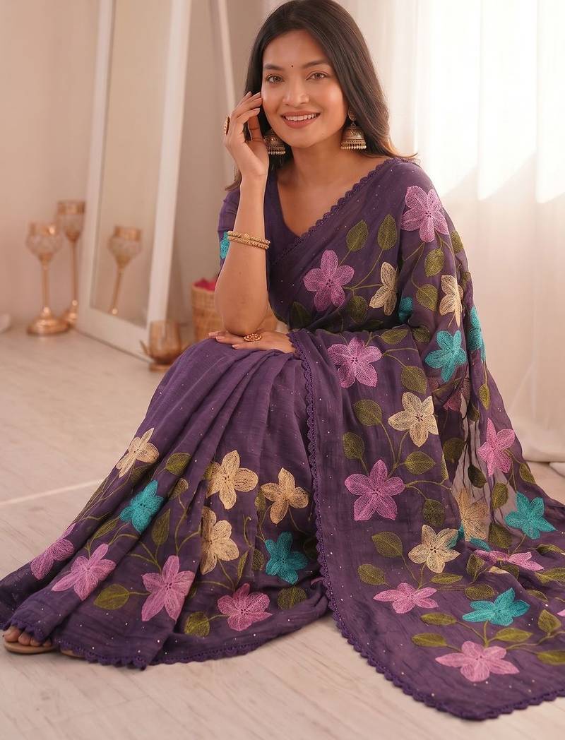 Purple Viscose crunchy silk embroidered and diamond work saree
