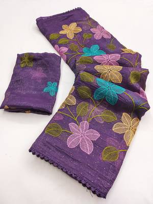 Purple Viscose crunchy silk embroidered and diamond work saree 3