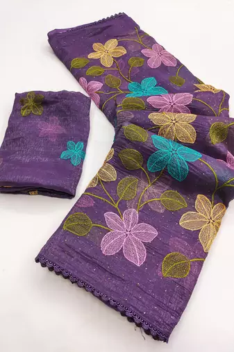 Purple Viscose crunchy silk embroidered and diamond work saree