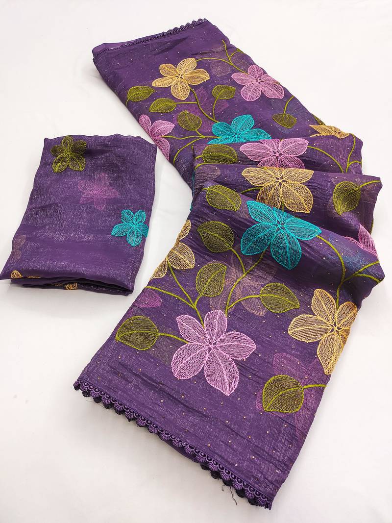 Purple Viscose crunchy silk embroidered and diamond work saree