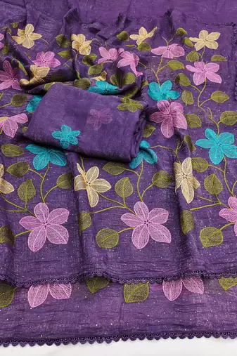 Purple Viscose crunchy silk embroidered and diamond work saree