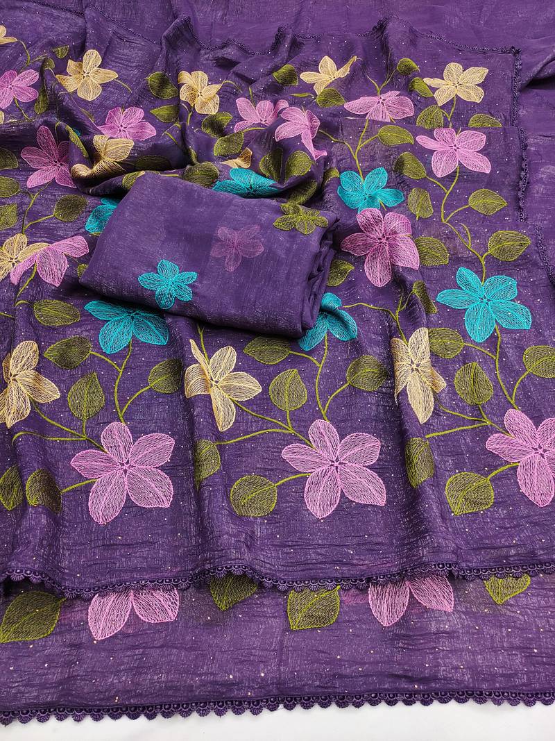 Purple Viscose crunchy silk embroidered and diamond work saree