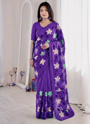 Purple Viscose crunchy silk embroidered and diamond work saree 1