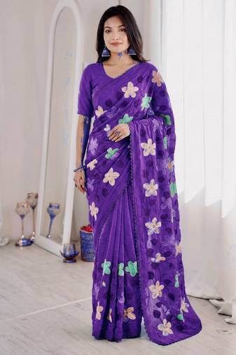 Purple Viscose crunchy silk embroidered and diamond work saree