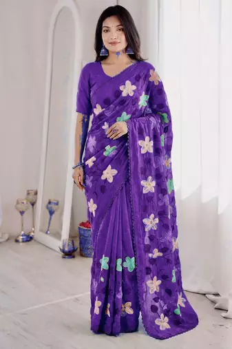 Purple Viscose crunchy silk embroidered and diamond work saree