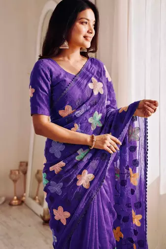 Purple Viscose crunchy silk embroidered and diamond work saree
