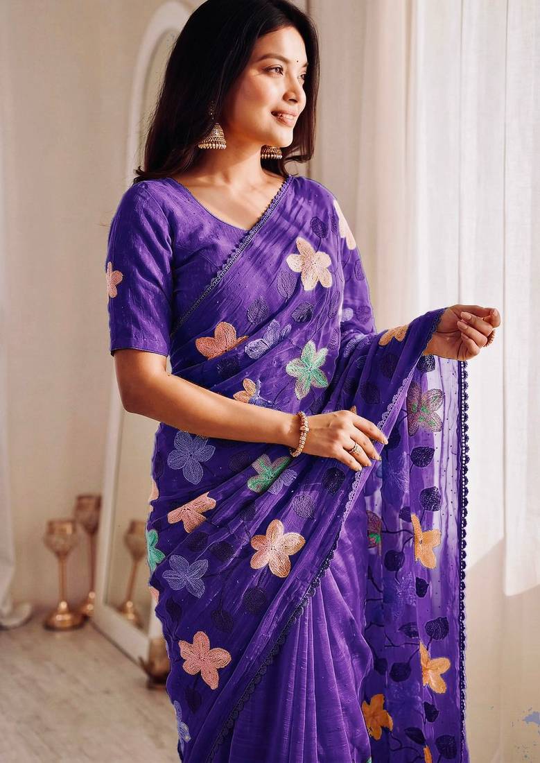 Purple Viscose crunchy silk embroidered and diamond work saree