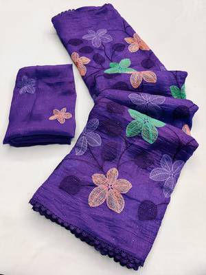 Purple Viscose crunchy silk embroidered and diamond work saree 3