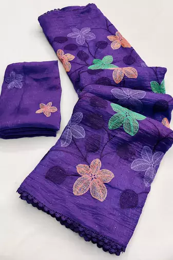 Purple Viscose crunchy silk embroidered and diamond work saree