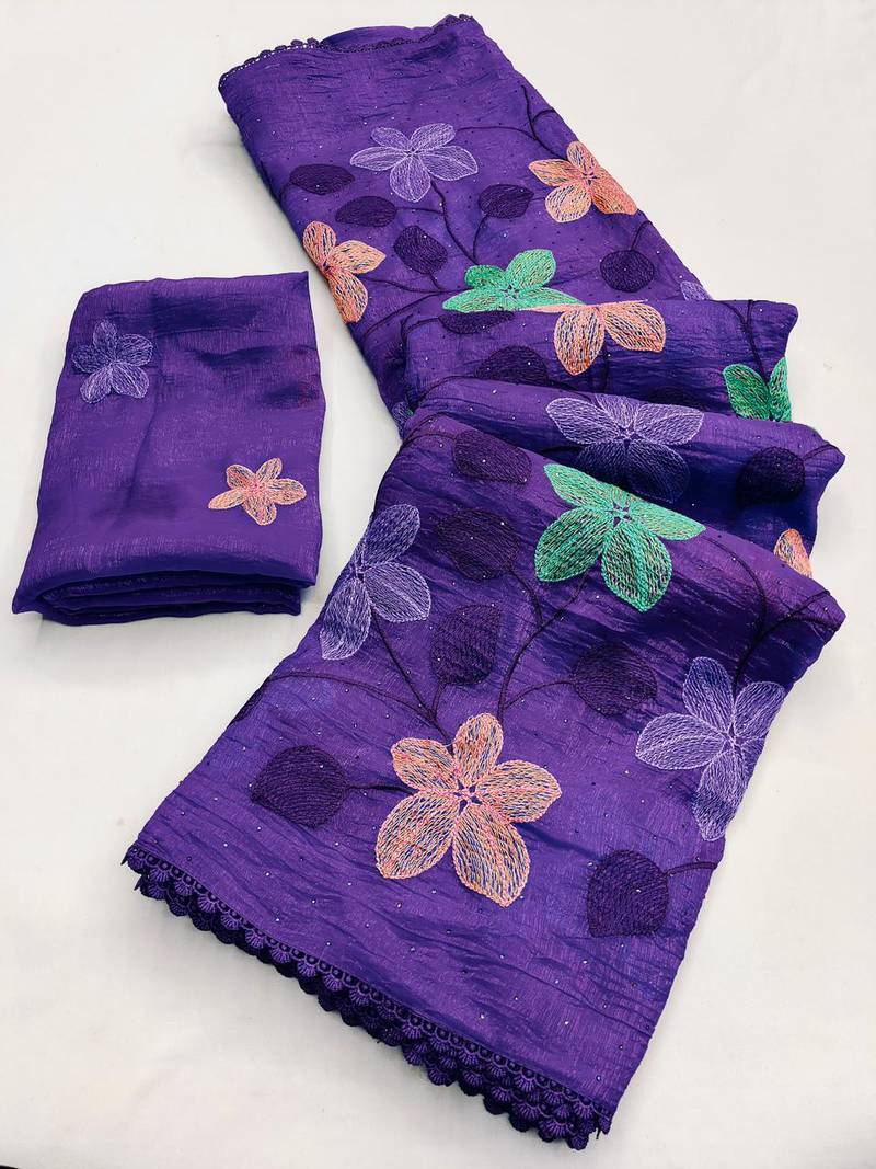 Purple Viscose crunchy silk embroidered and diamond work saree