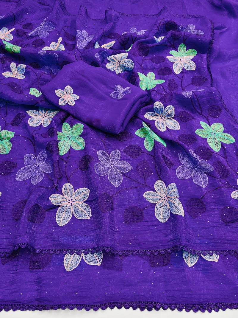 Purple Viscose crunchy silk embroidered and diamond work saree