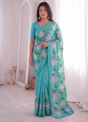 Aqua-blue Viscose crunchy silk embroidered and diamond work saree 1