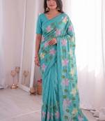 Aqua-blue Viscose crunchy silk embroidered and diamond work saree