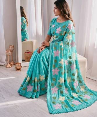 Aqua-blue Viscose crunchy silk embroidered and diamond work saree 2