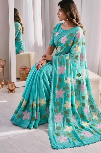 Aqua-blue Viscose crunchy silk embroidered and diamond work saree