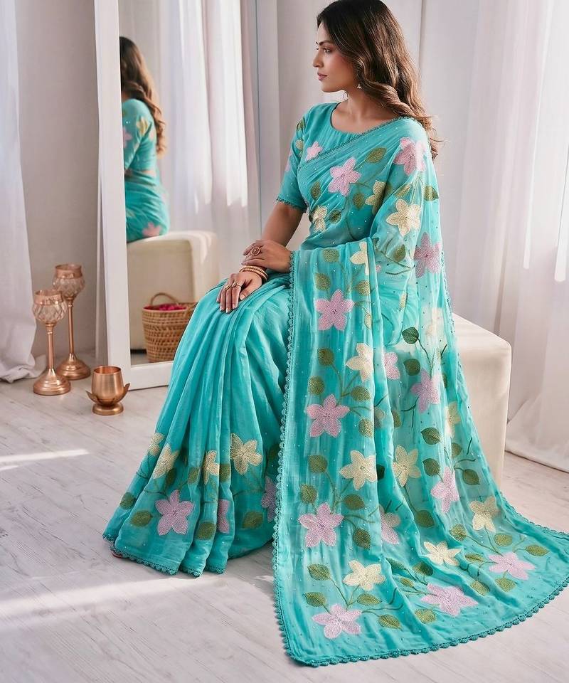 Aqua-blue Viscose crunchy silk embroidered and diamond work saree