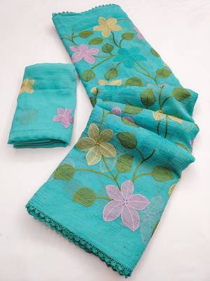 Aqua-blue Viscose crunchy silk embroidered and diamond work saree 3