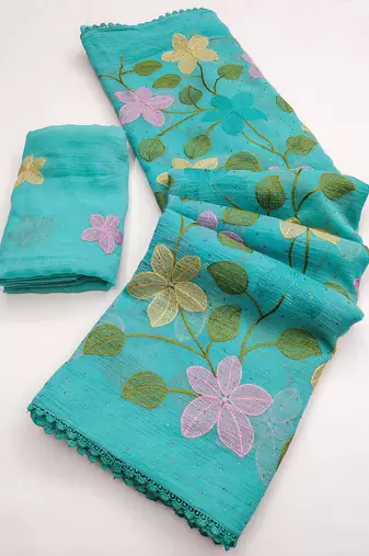 Aqua-blue Viscose crunchy silk embroidered and diamond work saree