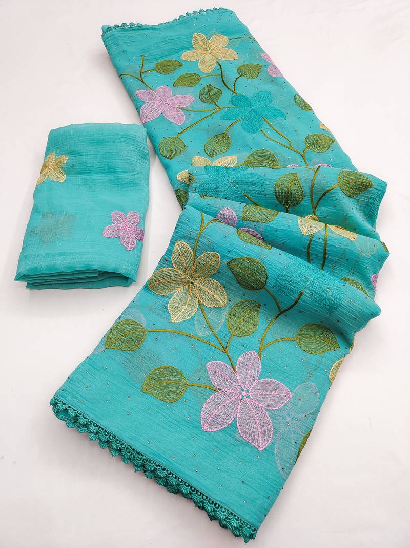Aqua-blue Viscose crunchy silk embroidered and diamond work saree