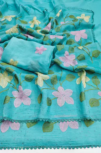 Aqua-blue Viscose crunchy silk embroidered and diamond work saree