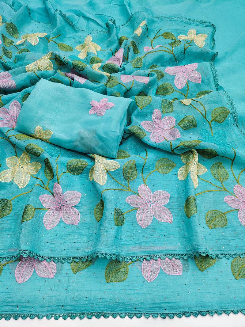 Aqua-blue Viscose crunchy silk embroidered and diamond work saree