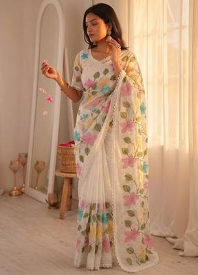 White Viscose crunchy silk embroidered and diamond work saree 1