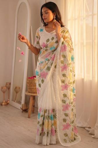 White Viscose crunchy silk embroidered and diamond work saree