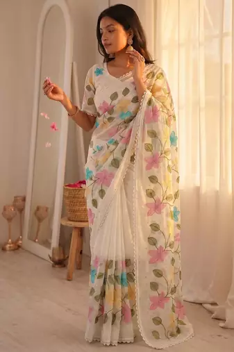 White Viscose crunchy silk embroidered and diamond work saree