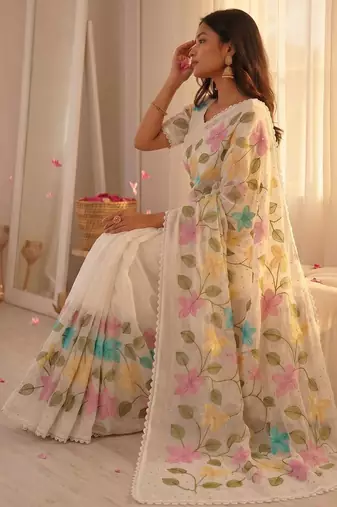 White Viscose crunchy silk embroidered and diamond work saree