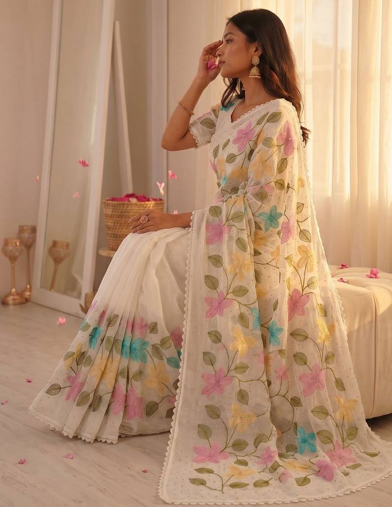 White Viscose crunchy silk embroidered and diamond work saree