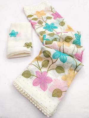 White Viscose crunchy silk embroidered and diamond work saree 3
