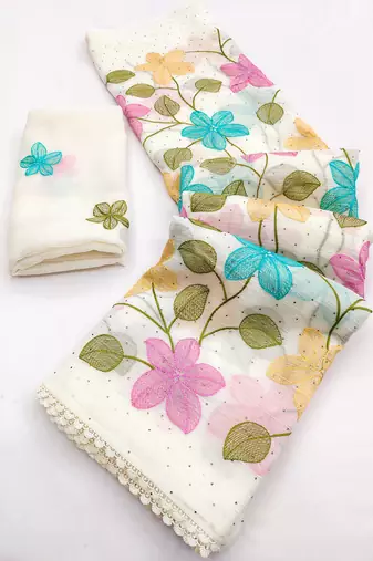 White Viscose crunchy silk embroidered and diamond work saree