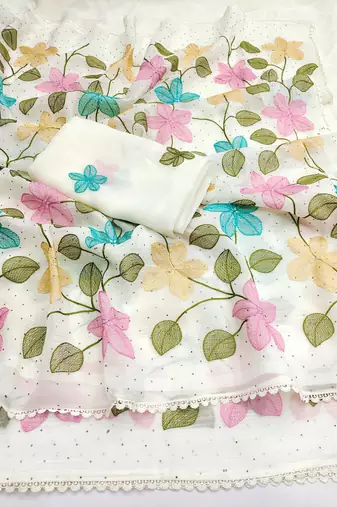 White Viscose crunchy silk embroidered and diamond work saree