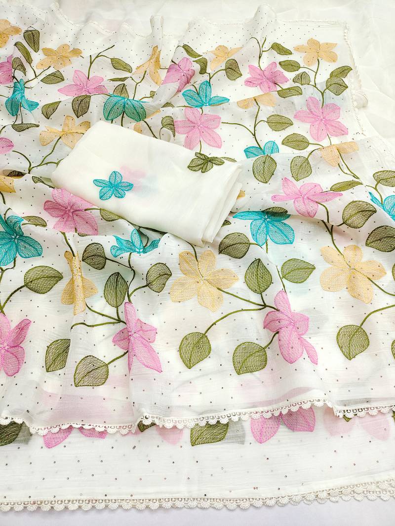 White Viscose crunchy silk embroidered and diamond work saree