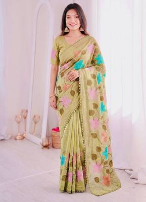 Yellow Viscose crunchy silk embroidered and diamond work saree 1