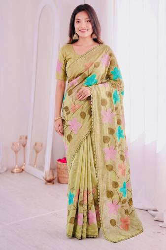 Yellow Viscose crunchy silk embroidered and diamond work saree